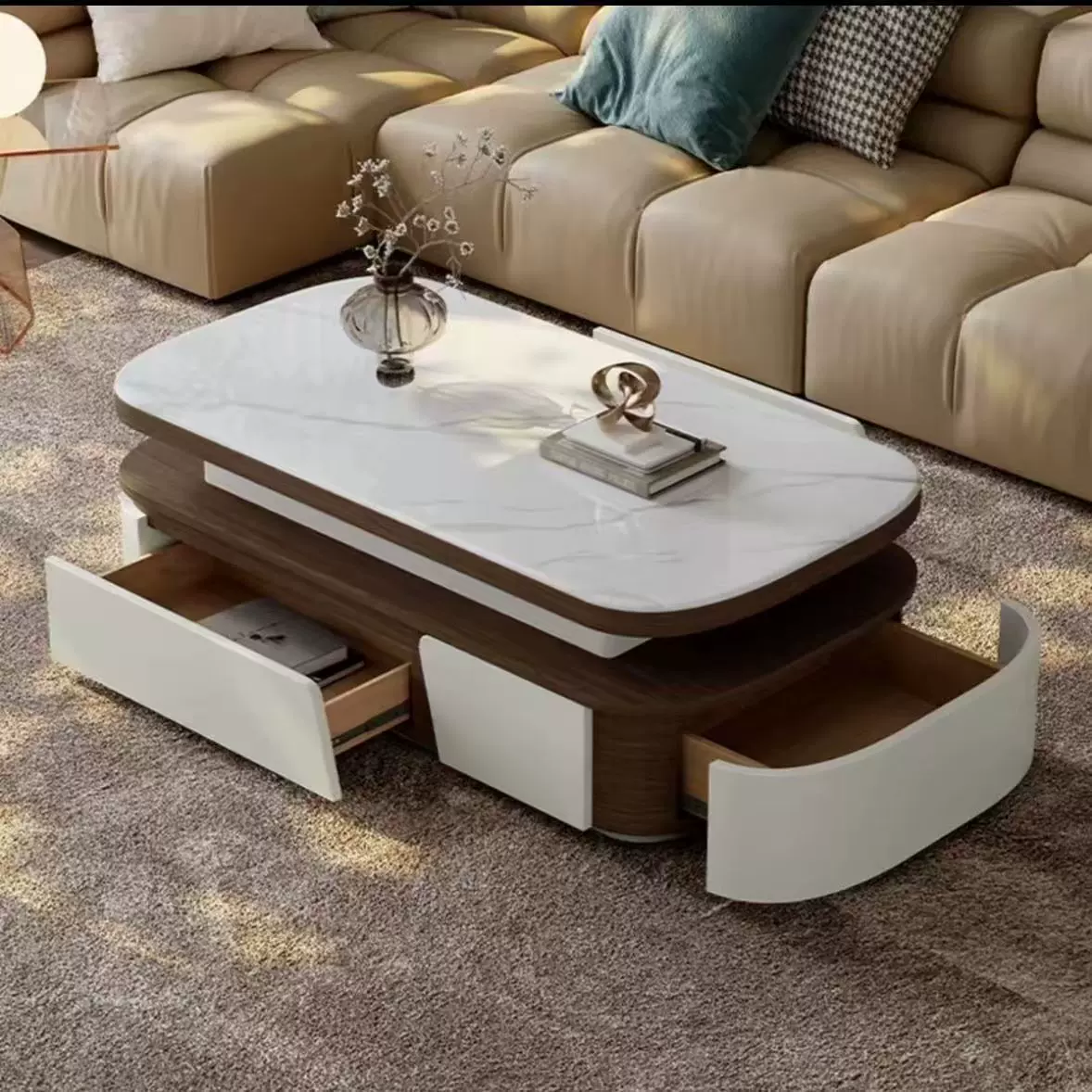 轻奢椭圆微晶石岩板茶几电视柜组合简约现代小户型茶几客厅家用