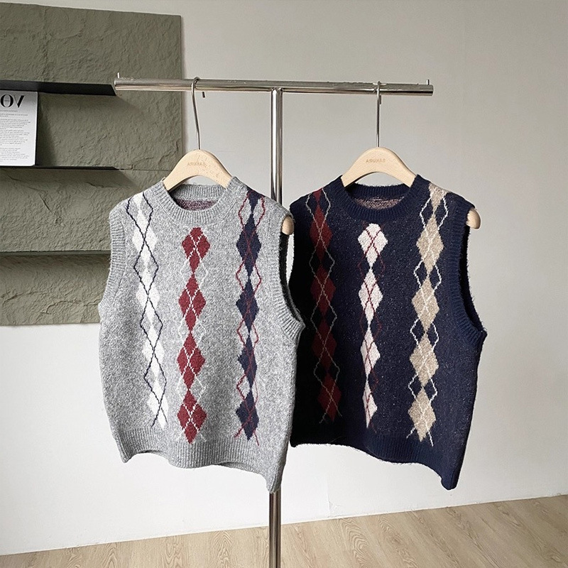 College Style Versatile Diamond Gray Contrasting Retro Sleeveless Knitted Pullover Layered Round Neck Vest Top