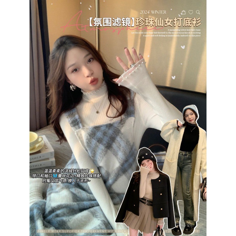 女性用レースボトムシャツ、2025年春秋新作スタイルセーター、女性用タートルネックトップ、小香風セーター