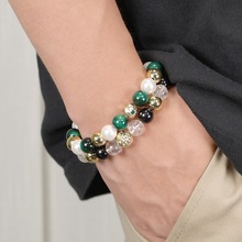 跨境欧美饰品天然石手工串珠手链黑曜弹力绳男式手串轻奢手饰