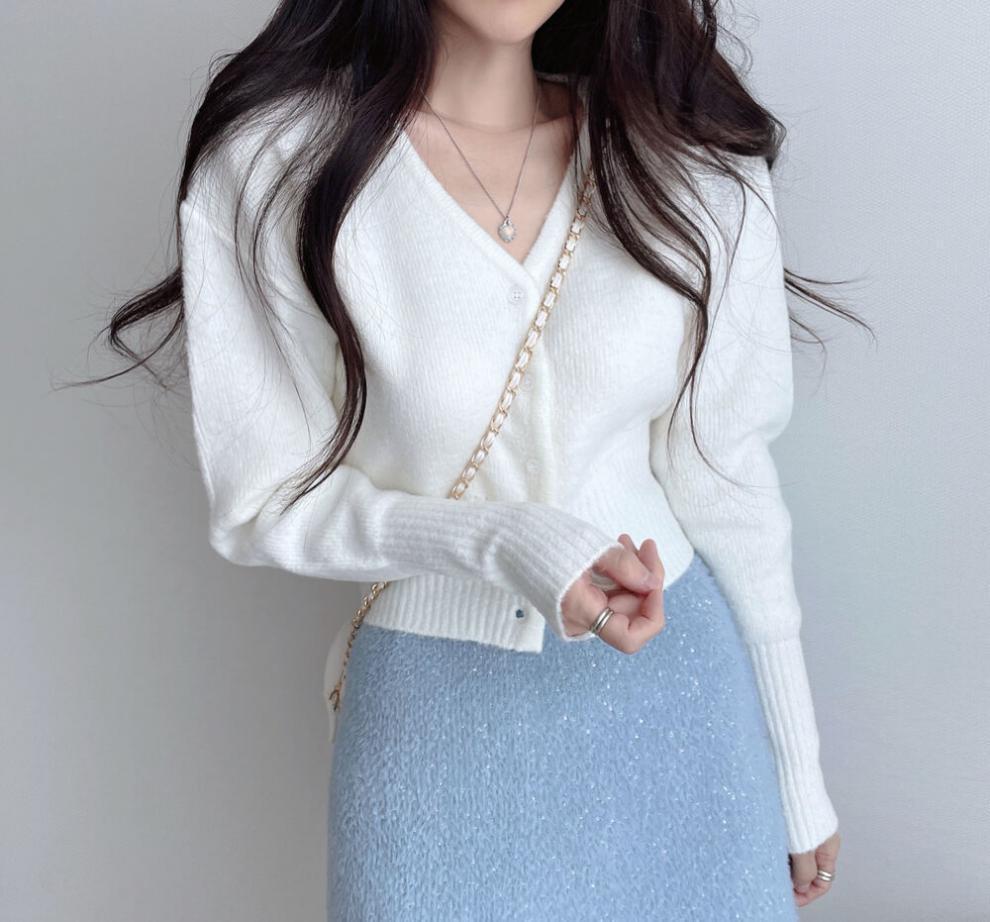 Giacca cardigan lavorata a maglia con scollo a V in stile coreano da donna autunno e inverno con temperamento tinta unita versatile top maglione corto sottile a maniche lunghe_voghion.com