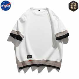 NASA品牌假两件拼色短袖男2025夏季新款宽松百搭T恤小众时尚上衣