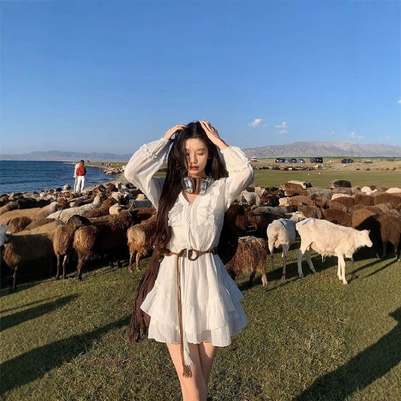 Fashionable New Style Soft and Comfortable Bohemian White Long-Sleeved Shirt Dress for Women Summer Seaside Resort Style