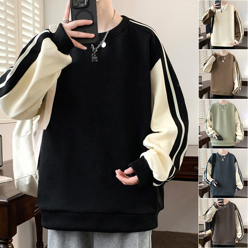 Plus-Size Color-Blocked Sweatshirt for Men, Spring and Autumn Round-Neck Long-Sleeve T-Shirt, Inner Layer Base Shirt, Printed Outerwear Autumn Top