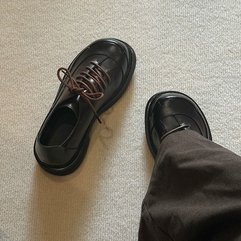 ShoeVault Chunky Toe Commuter Leather Thick Sole Korean Version Derby Shoes British Style Unisex Trendy Height Increasing Niche_voghion.com
