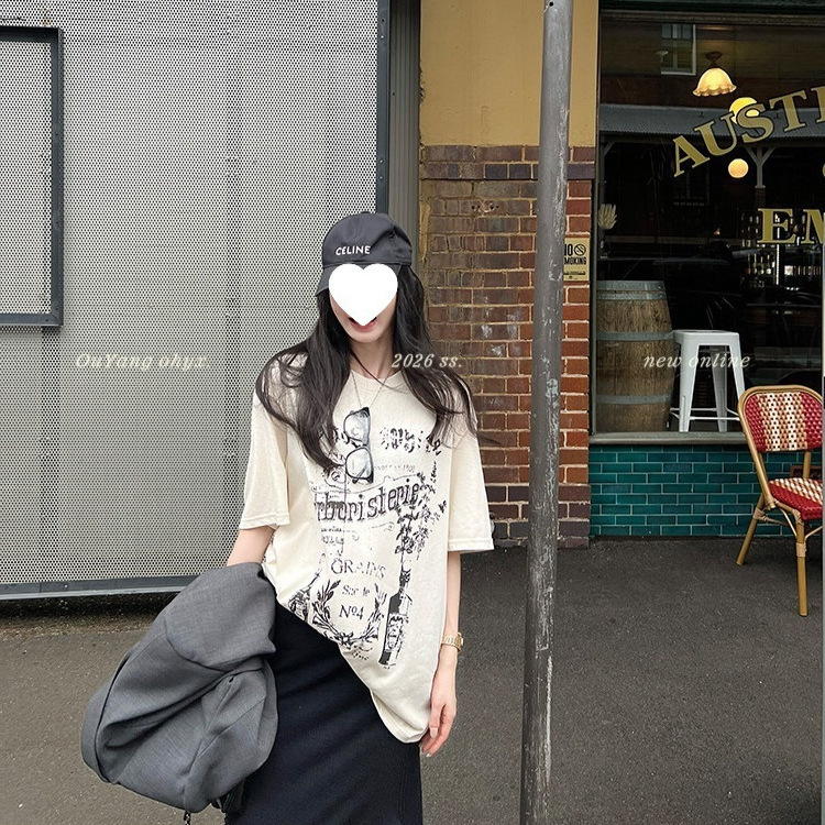 Ouyang Thursday Night's Top Recommendation: Paper-Thin T-Shirt! Niche Distressed Vintage Crackle Graffiti Print Short-Sleeve T-Shirt