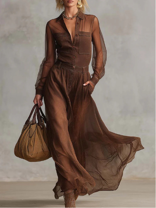 Retro Brown Cotton Maxi Dress With Button V Neck Long Sleeve Organza Stitched For Women European And American Style Independent Website_ecoleips.com