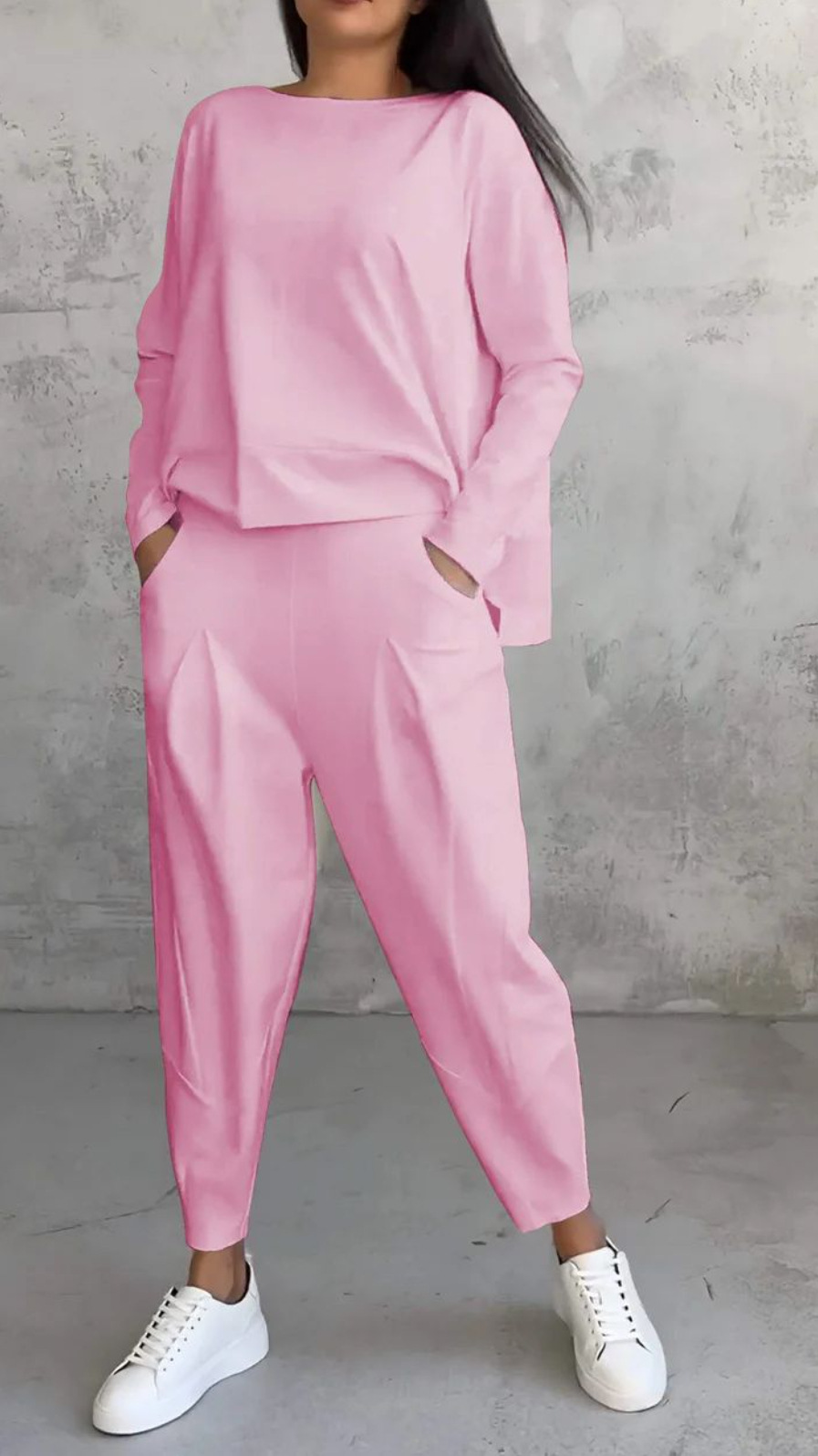 Women's Clothing solid color casual small feet round neck long sleeve two pieces_voghion.com