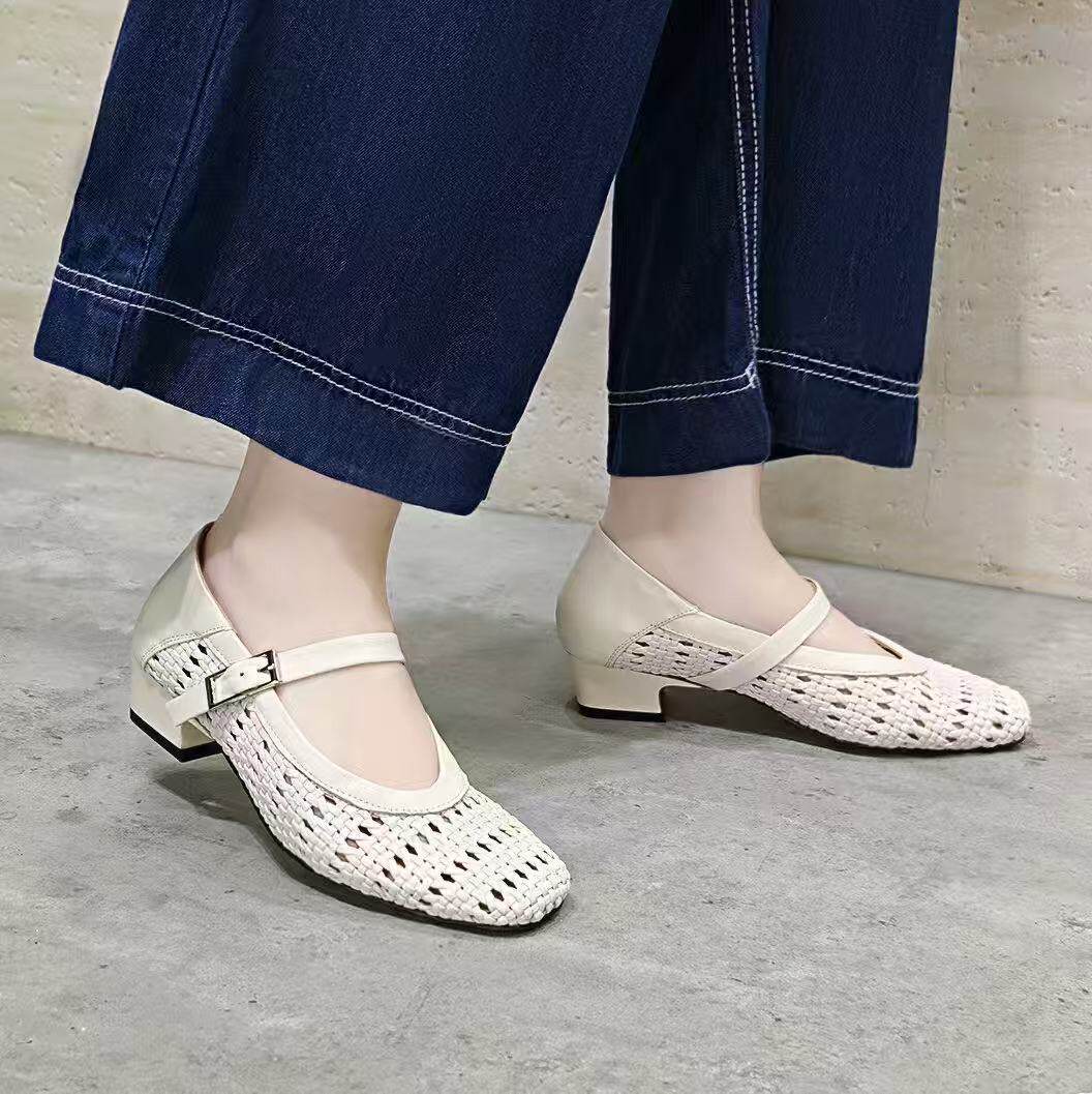 Sandal nữ da thật mũi vuông dệt rỗng gót thô thấp 4 cm — màu be chi tiết 7