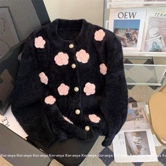ミンクの立体的な花をまねるミンクのセーターのコートの女性の秋冬の怠惰で柔らかいモチモチのニットのカーディガンの上着