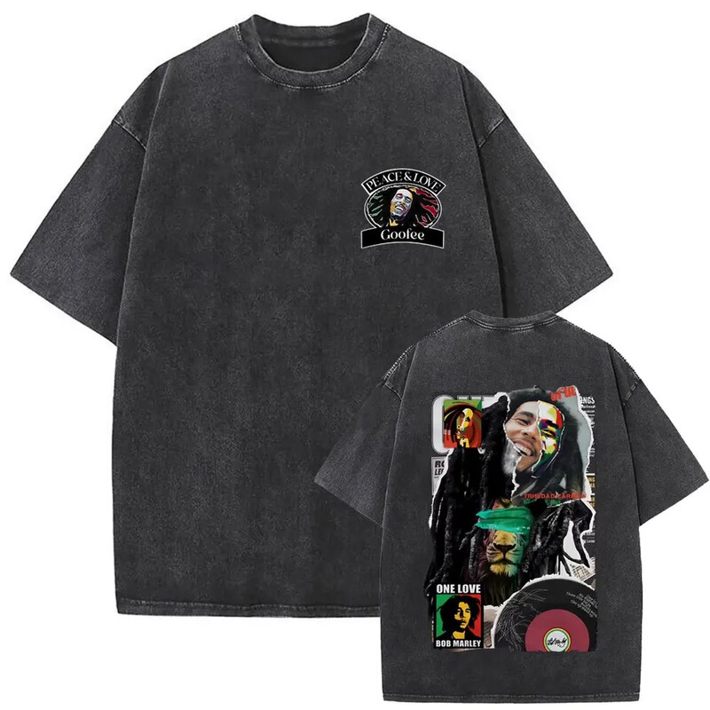 Fashion Retro Washed Round-Neck Reggae Men's T-Shirt, Marley Unisex Bob Cotton Vintage Casual T-Shirt
