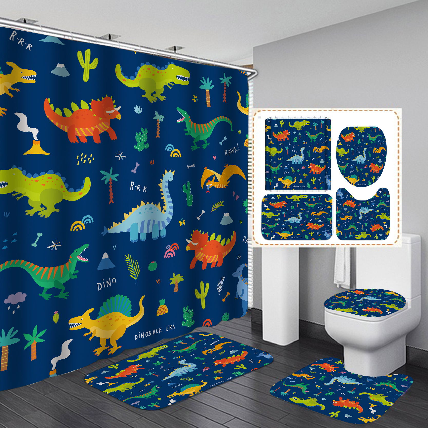 Cortina de ducha de baño de serie de dibujos animados de dinosaurio de impresión digital HD transfronteriza con 12 ganchos de plástico de tipo C