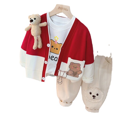Men's and Women's Children's Set of 3 New Korean Style Spring and Autumn Season Baby Outfits Including Sweaters, Tops, and Pants 2120