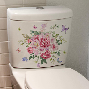 MS7030 pink flower butterfly fresh green plant toilet stickers