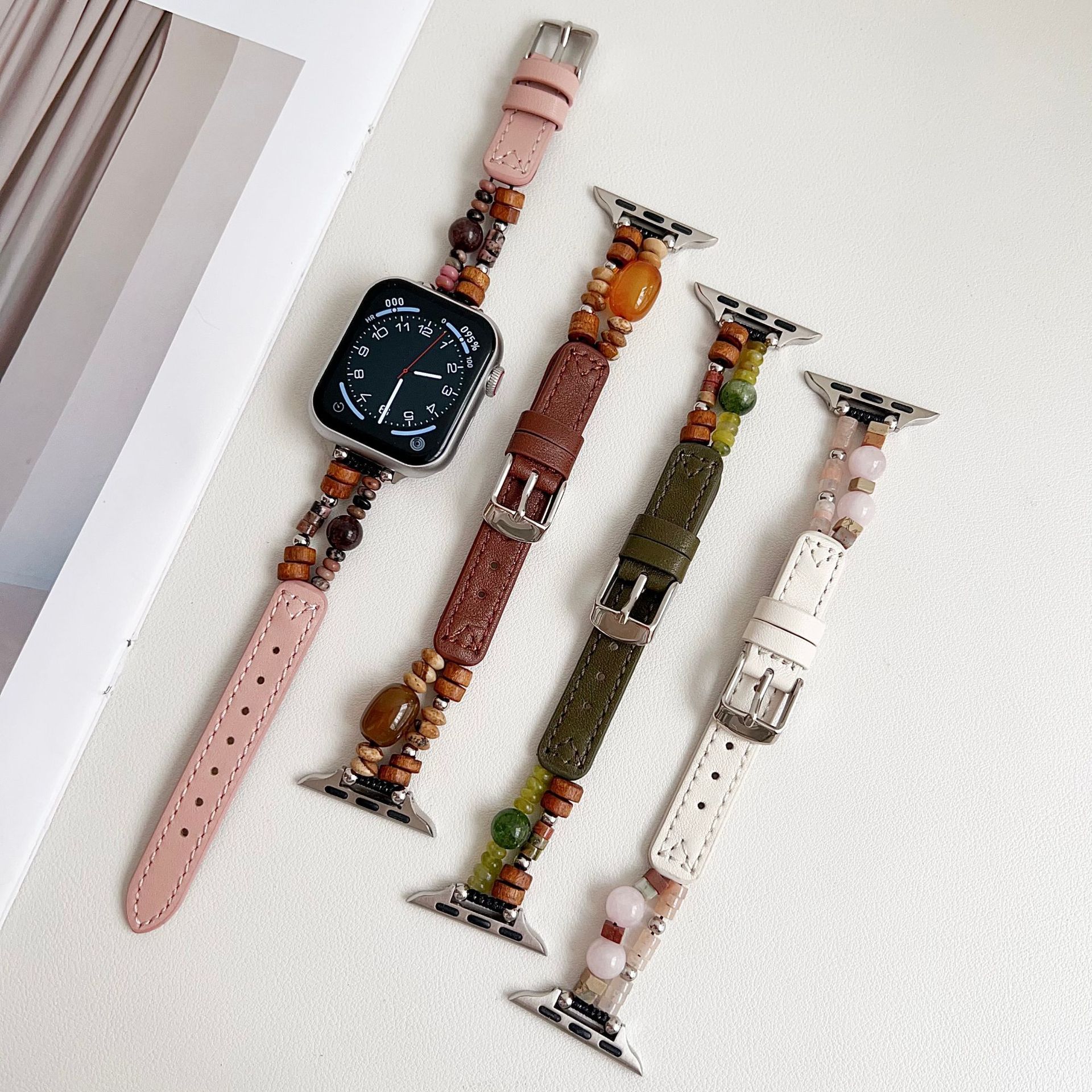 Beaded Leather Strap Suitable for Apple Iwatch123456789S10 Watch Wristband Apple Strap
