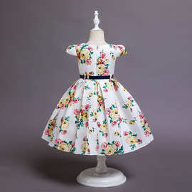定制女童夏季汉服裙子韩版童装礼服中大童连衣裙公主裙蝴蝶结印花
