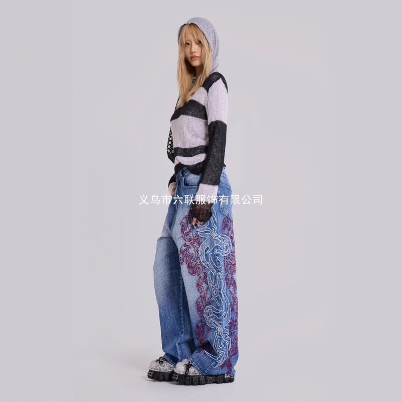 欧美跨境jadedlondon刺绣设计感牛仔裤女y2k高街宽松百搭直筒裤潮|undefined