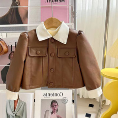 2024秋洋氣兒童短款上衣女孩翻領休閒夾克潮韓版新品女童皮衣外套