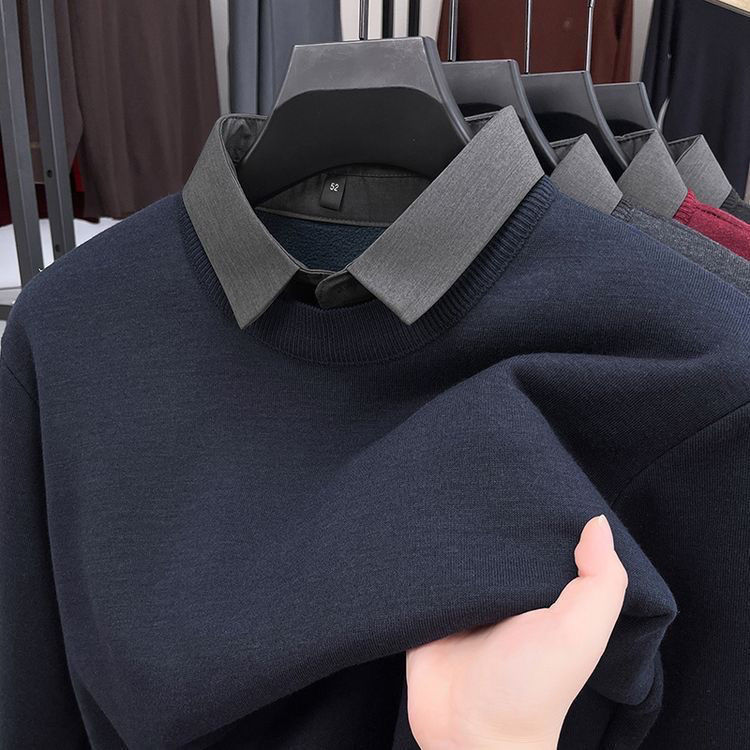 重磅550克含绵毛针织衬衫假两件男士商务冬季保暖加绒加厚打底