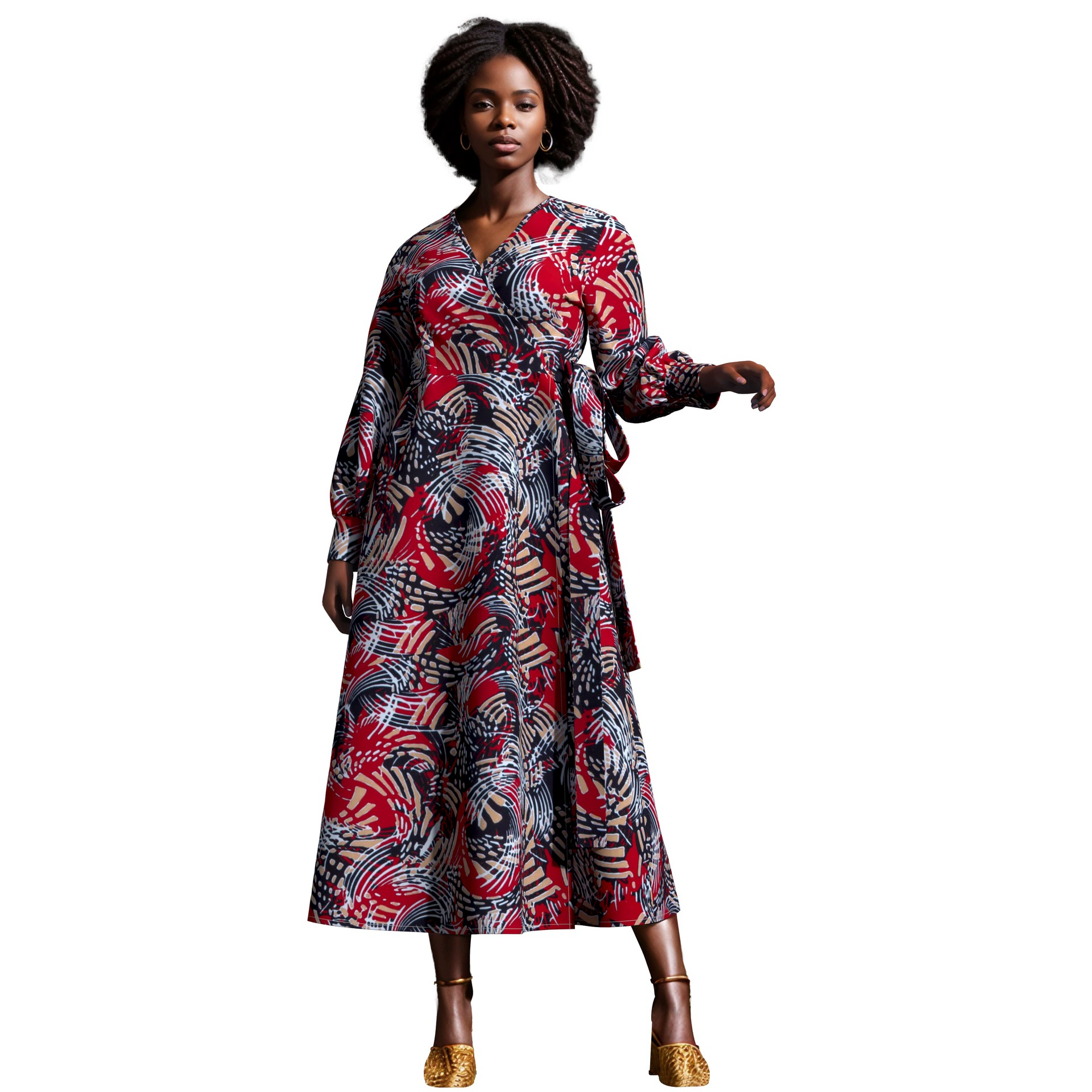 Трансграничная поставка африканского женского платья в пол с длинными рукавами, V-образным вырезом и шнуровкой, элегантная женская одежда