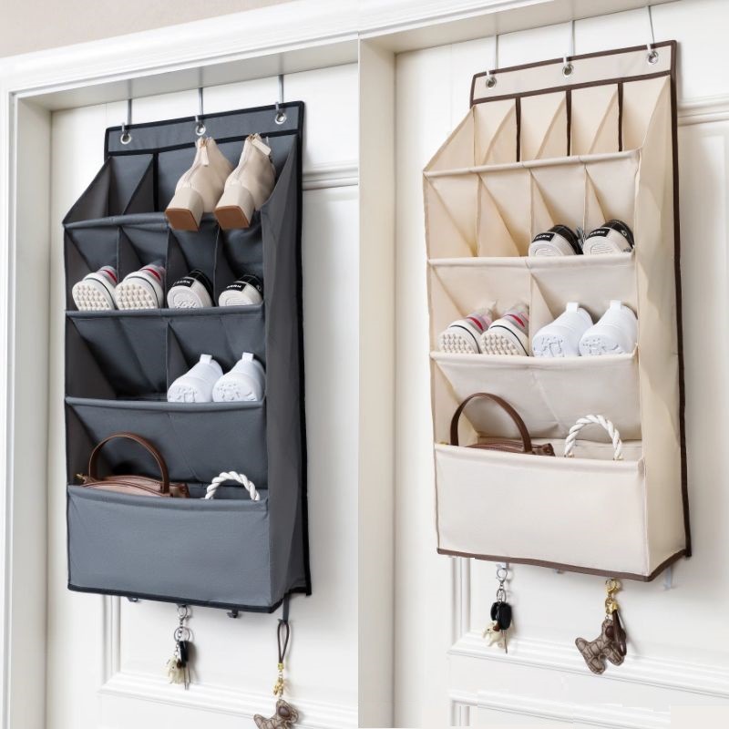 an der Wand montierter beigefarbener Schuhbeutel, multifunktionale Türaufbewahrung, Hängetasche, mehrschichtige Aufbewahrungstasche für Kleinigkeiten_voghion.com