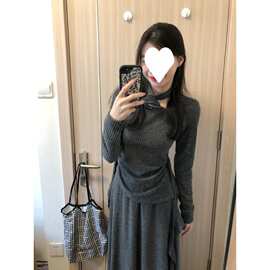 法式灰色连衣裙子套装女高级感针织衫上衣半身长裙子两件套春秋季