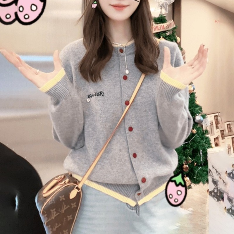 韩版高级灰拼接圆领针织开衫女早秋新款撞色氛围感刺绣毛衣外套|undefined