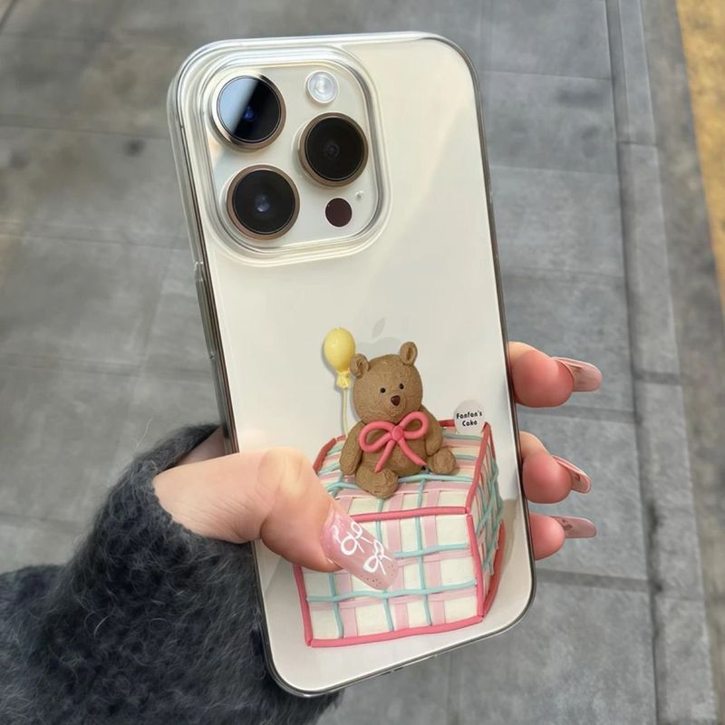 ギフト用の小さなクマのiPhoneケース、17pro、16promax、15、漫画風透明アクリルハードケース、13対応、かわいい|undefined