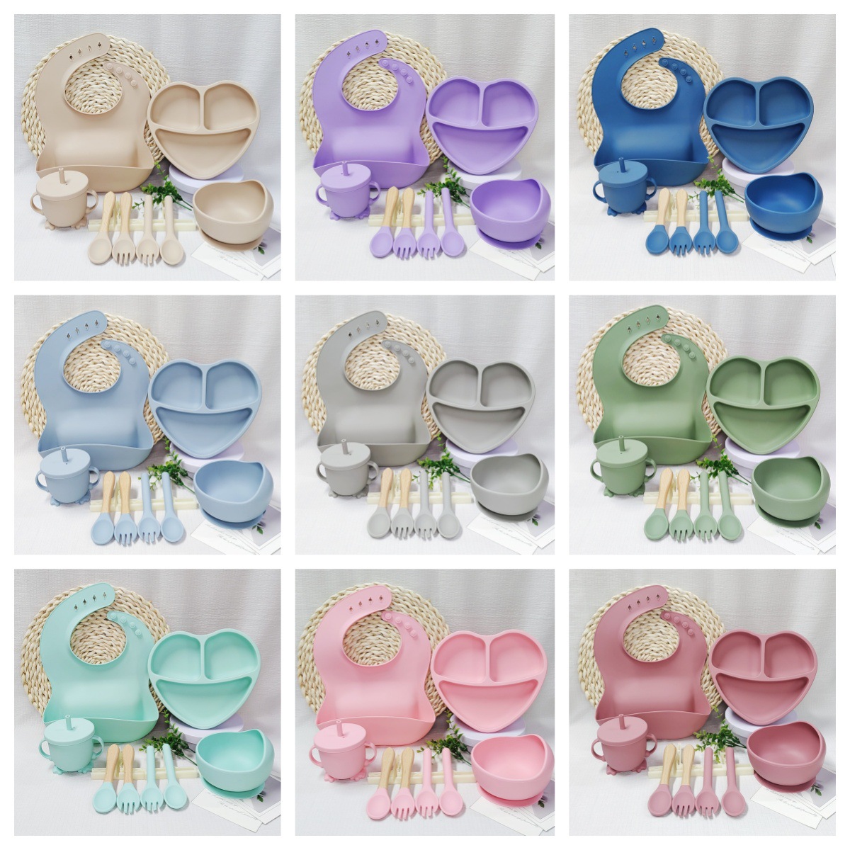 XLEE Children's Tableware 8 Pieces suit Silicone Bowl Fork Spoon Bib Water Cup Baby Food Supplementary Dinner Plate Food Grade Silicon