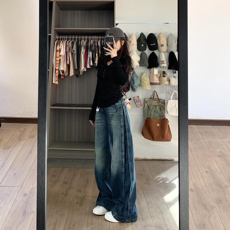 【广州新塘牛仔】美式复古阔腿牛仔裤女高腰显瘦宽松垂感直筒长裤|undefined