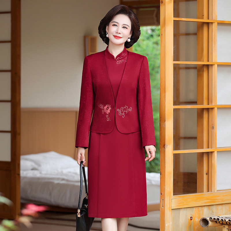 妈妈装春秋新款连衣裙喜婆婆婚宴礼服高贵婚礼礼服刺绣裙子两件套|undefined
