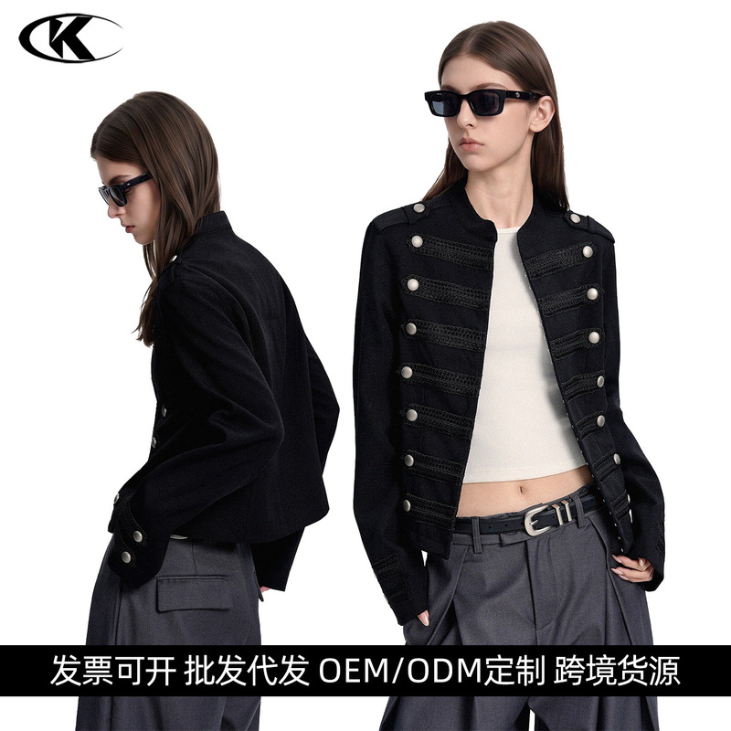 11KN American retro black Napoleon jacket for men and women, slim fit with woven metal button design and stand-up collar 11KN American retro black Napoleon jacket for men and women, slim fit with woven metal button design and stand-up collar