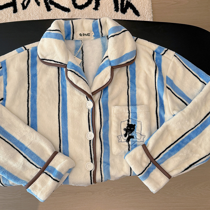 Yejia's Same Style Urban Black Panther Blue and White Stripesd Flannel Thickeneded Couple Home Clothes Home Pajamas Set Autumn and Winter