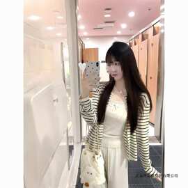 2025春秋款韩系条纹针织开衫外套女秋季纯欲宽松休闲显瘦长袖上衣