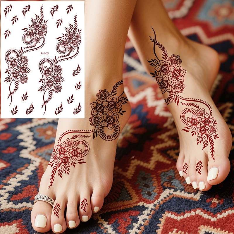 Cross-Border European and American Hanna Tattoo Stickers Waterproof Red-Brown Lace Manheidi Henna Temporary Tattoo Stickers on the Back of the Hand and Feet
