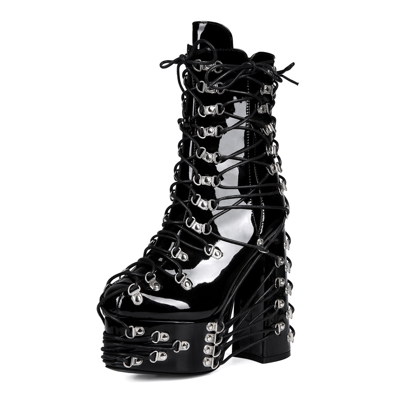 European and American Foreign Trade Cross-Border Dark Y2K Carabiner Lace-Up Punk Gothic Thick Heel High Heel Large Size 44 Women's Short Boots
