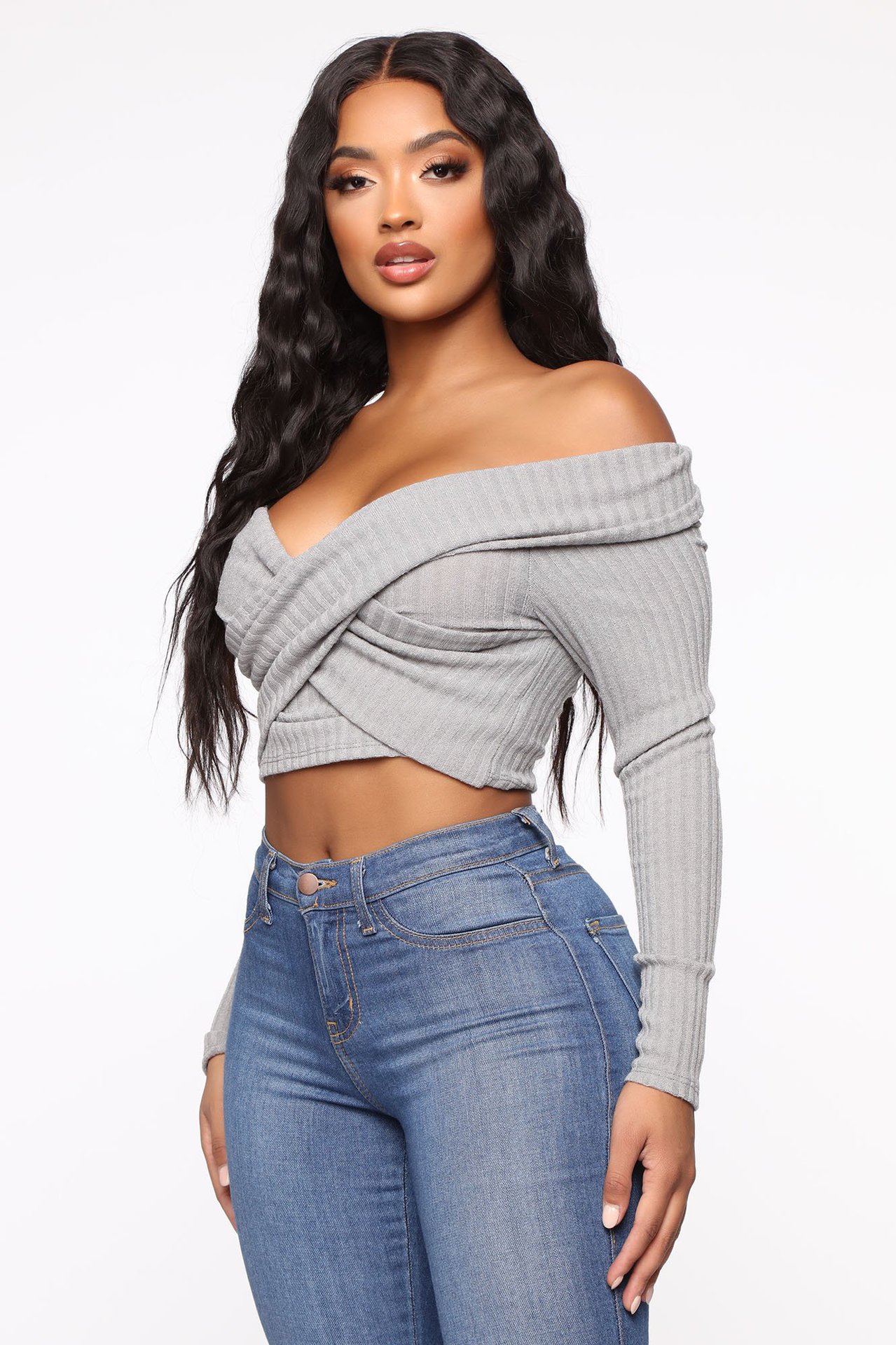 Off Shoulder Long Sleeve Knit Sweater NSPHG105625