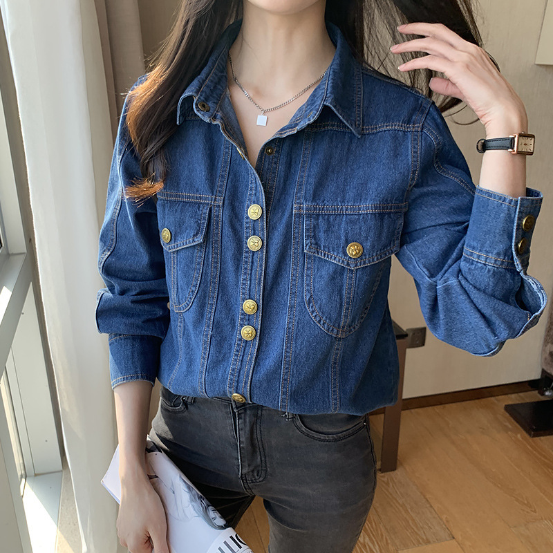 Blue Denim Shirt Women's Spring & Fall French Retro Stacked Shirt Vest Two-Piece Set Gold Buckle Heavy Industry Jacket Top