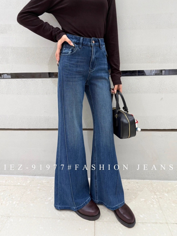2025年秋新款IEZ91977牛仔裤女欧货高腰四面弹鱼骨边不贴腿喇叭裤|undefined