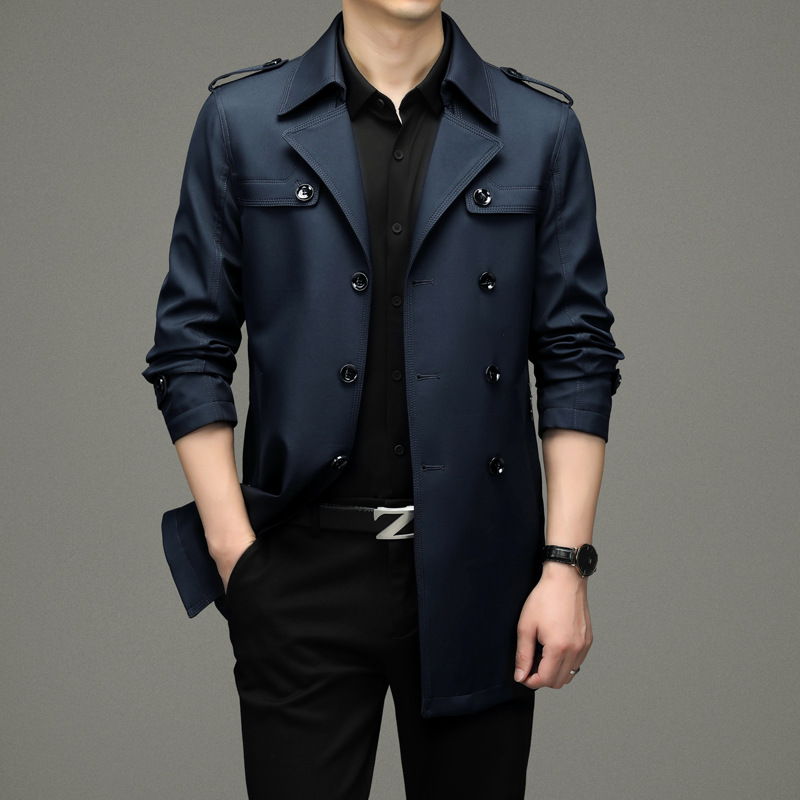 Monochrome Man - Veste trench-coat mi-longue à boutons pour homme, collection printemps-été 2024, idéale pour les jeunes professionnels d'âge mûr._voghion.com