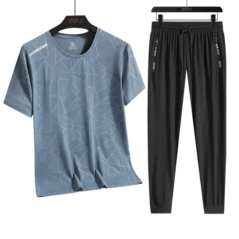 Traje de ocio de seda de hielo de verano para hombres, deportes al aire libre, hombres sueltos, pantalones de camiseta de cuello redondo de secado rápido transpirable de dos piezas