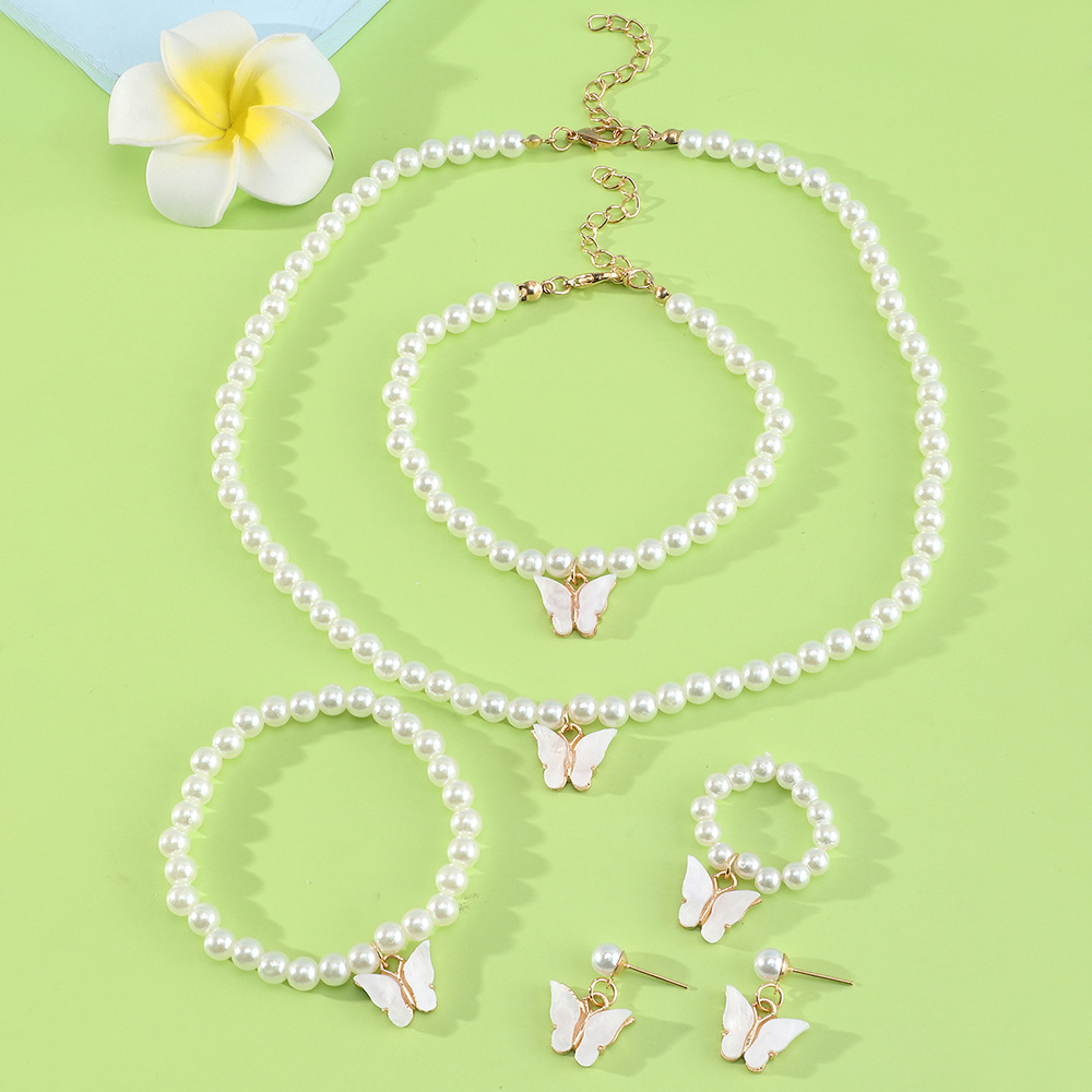 Childrenu0027s Jewelry Korean Simple Style Butterfly Pearl Necklace Ring Bracelet Earring Set