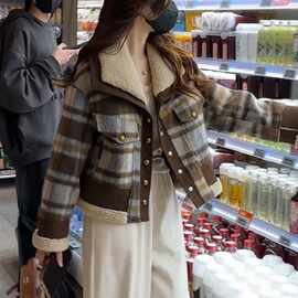 羊羔毛拼接格子毛呢加厚外套女冬2025新款宽松百搭小个子棉服上衣