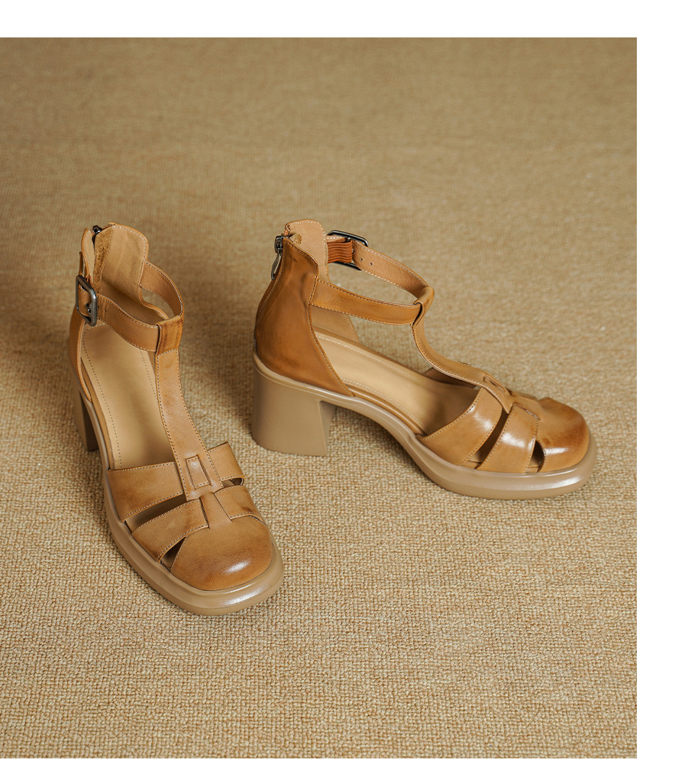 Sandal cao gót nữ phong cách La Mã, mũi kín gót kín, quai chữ T, gót 7.5 cm — màu trắng ngà chi tiết 13