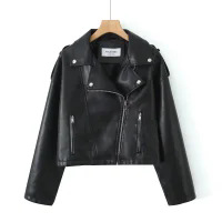 Autumn New American High Street Distressed Imitation Leather Motorcycle Jacket with Zipper on the Back, Short Jacket Top for Women