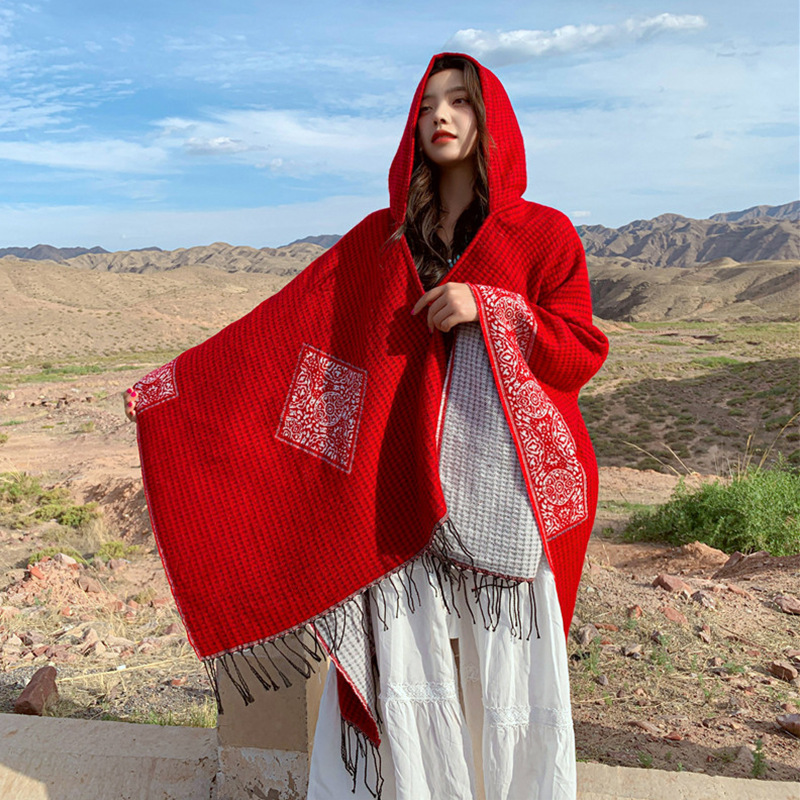 Estepa de desierto de turismo fotográfico chal cálido protector solar con sombrero capa de estilo nacional dobles bordas bufandas capa
