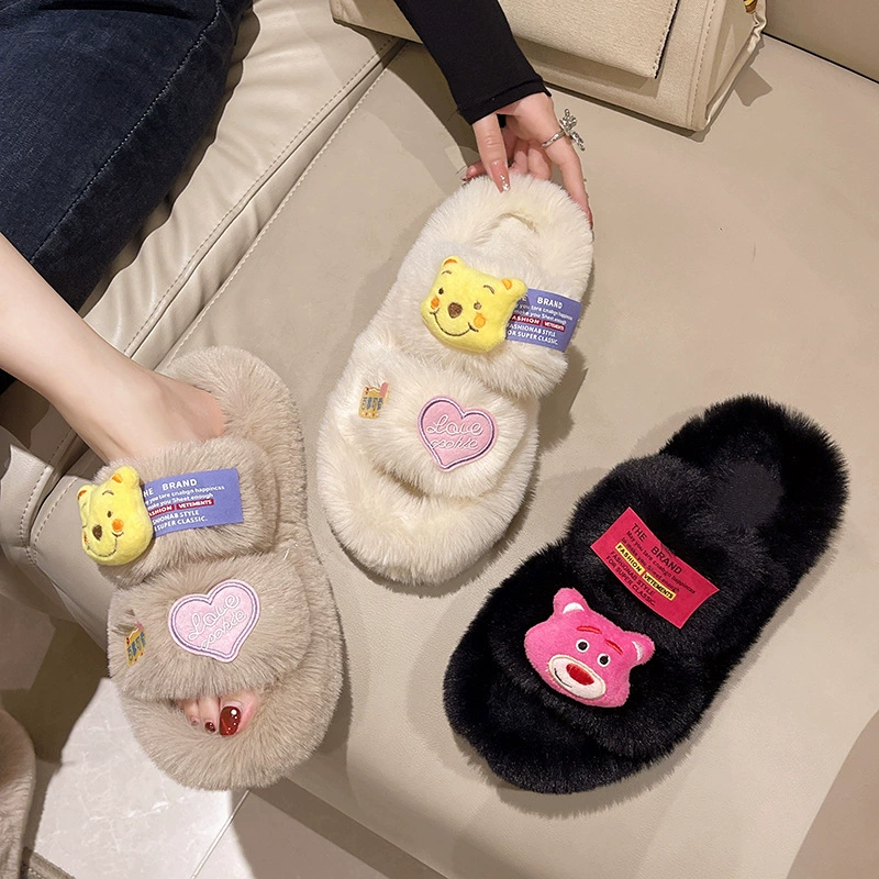 Корейская новая мода мультфильм милый медведь шерстяные тапочки женский осенний сетка красный плоский домашний шерстяной тапочки