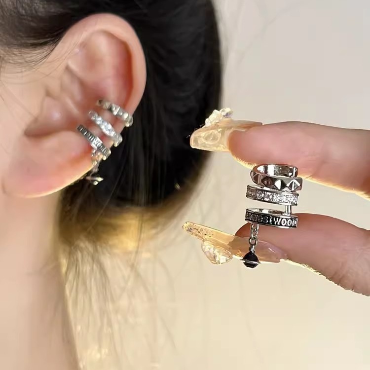 European and American New Style Letter Saturn Ear Cuff Wholesale Sweet Cool Style Non-Pierced Earrings for Women with Rhinestones Multi-Layer U-Shaped Ear Clip