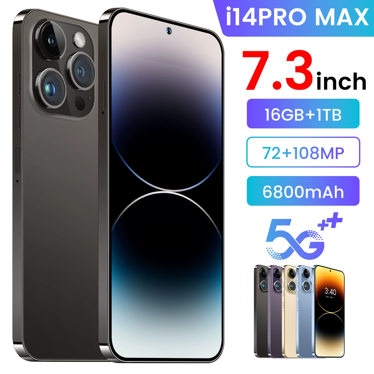 Мобильный телефон i14 PRO MAX, реальное перфорированное стекло, 4G, глобальная версия, 3+64 ГБ, 7.3-дюймовый большой экран, Android 10, заводская сборка