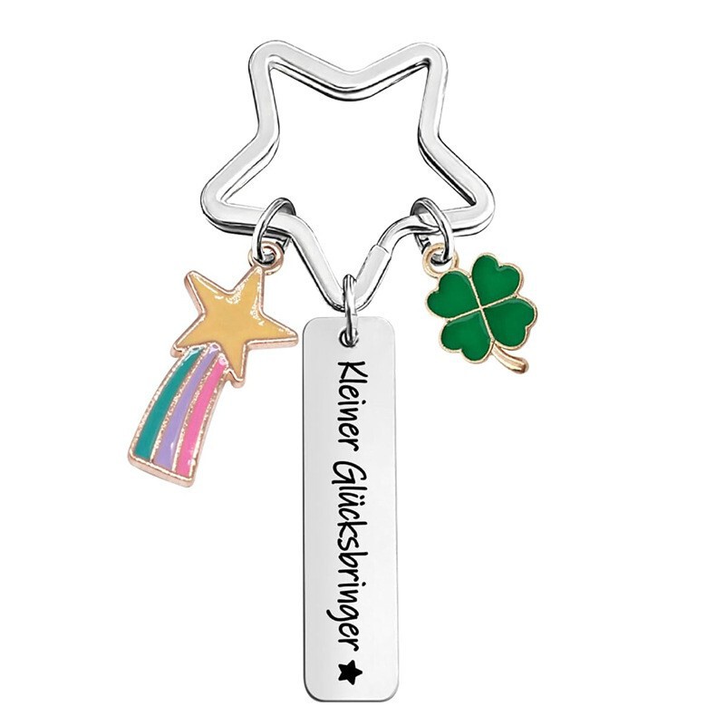 Cross-Border Rainbow Four-Leaf Clover Lucky Charm German Kleiner Glücksbringer Stainless Steel Engraved Keychain